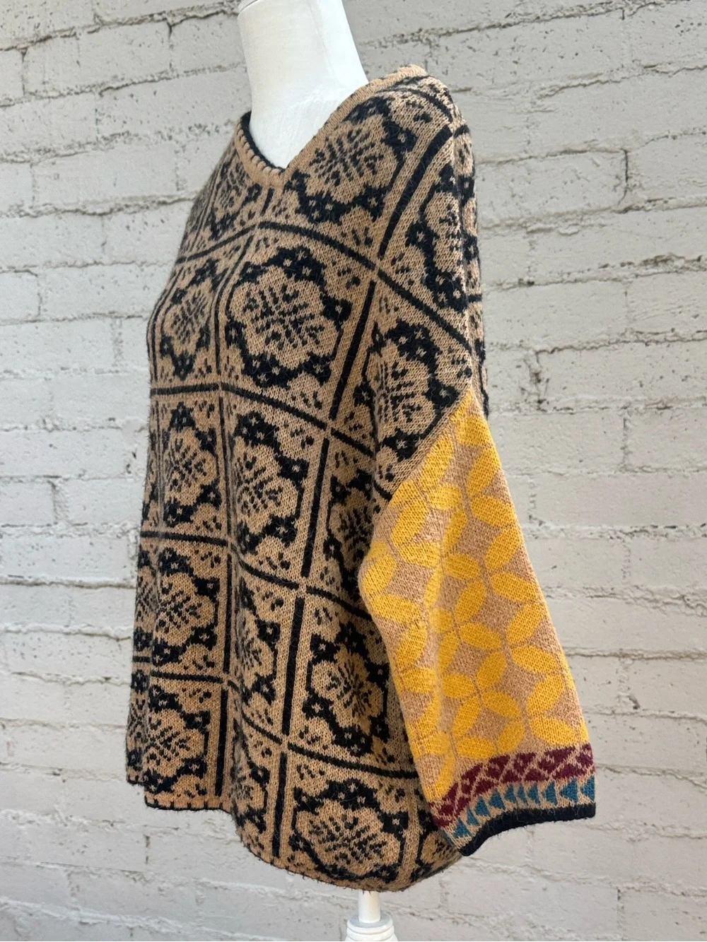 VINTAGE Zara Asymmetrical Neckline Jacquard Knit Patchwork Sweater Size XS—S